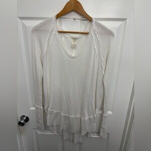 We The Free Cream Long Sleeve Boho Hippie Waffle V-Neck Top, M